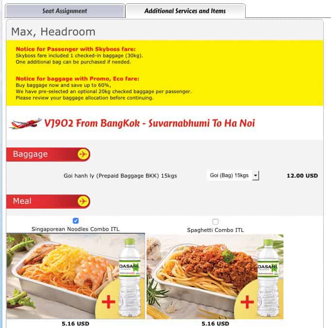 Baggage and Meal selection VietJet Air