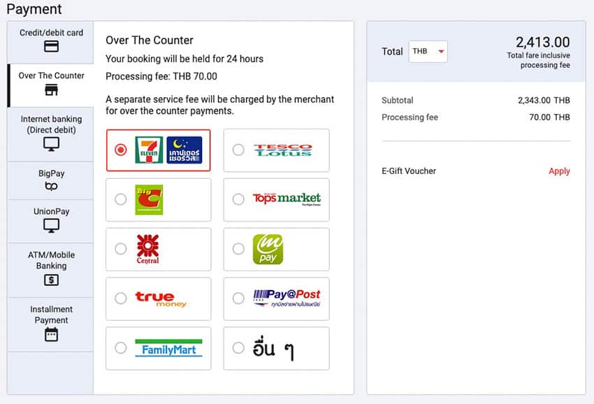 AirAsia over the counter pay options