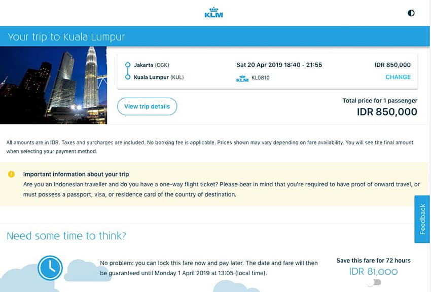 klm one way ticket